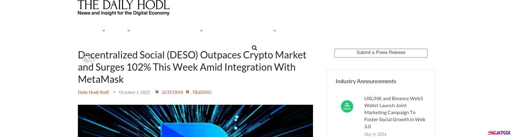Read the full Article:  ⭲ Decentralized Social (DESO) Outpaces Crypto Market and Surges 102% This Week Amid Integration With MetaMask