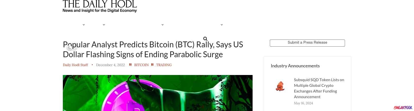 Read the full Article:  ⭲ Popular Analyst Predicts Bitcoin (BTC) Rally, Says US Dollar Flashing Signs of Ending Parabolic Surge