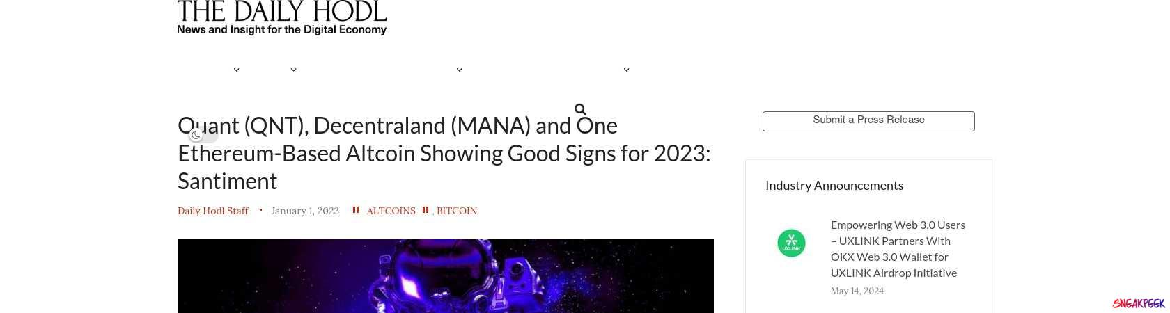 Read the full Article:  ⭲ Quant (QNT), Decentraland (MANA) and One Ethereum-Based Altcoin Showing Good Signs for 2023: Santiment