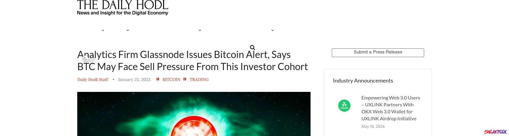 Read the full Article:  ⭲ Analytics Firm Glassnode Issues Bitcoin Alert, Says BTC May Face Sell Pressure From This Investor Cohort