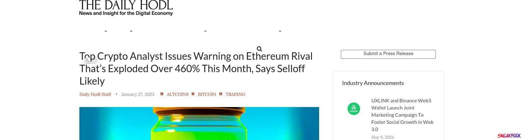 Read the full Article:  ⭲ Top Crypto Analyst Issues Warning on Ethereum Rival That’s Exploded Over 460% This Month, Says Selloff Likely