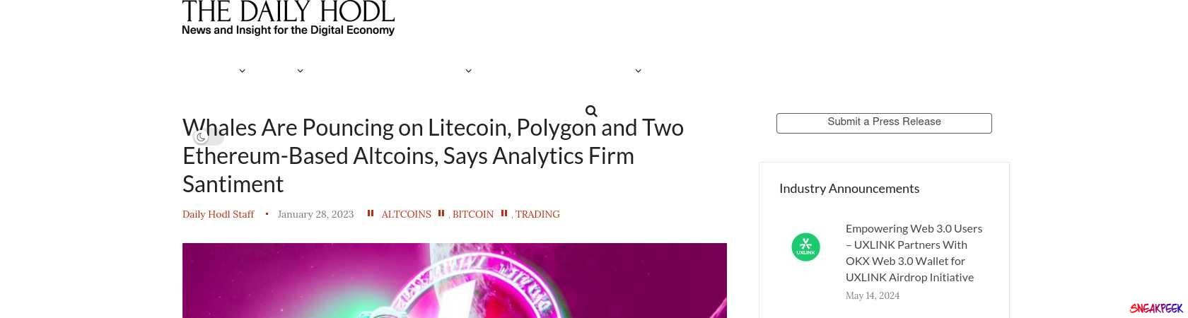 Read the full Article:  ⭲ Whales Are Pouncing on Litecoin, Polygon and Two Ethereum-Based Altcoins, Says Analytics Firm Santiment