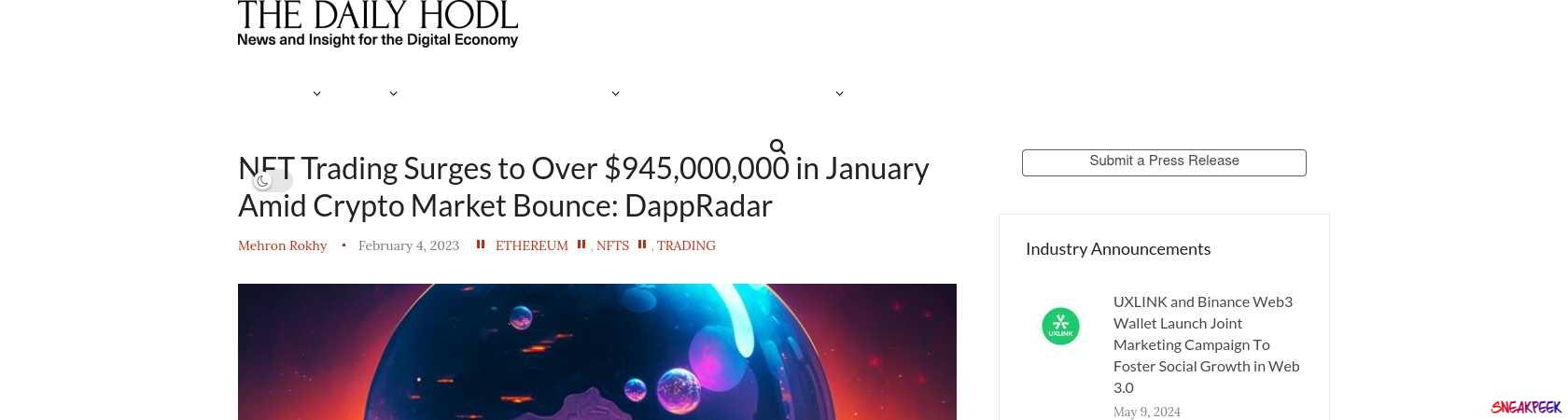 Read the full Article:  ⭲ NFT Trading Surges to Over $945,000,000 in January Amid Crypto Market Bounce: DappRadar