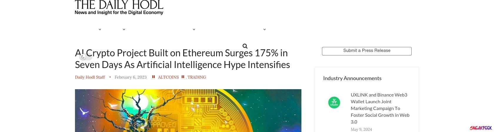 Read the full Article:  ⭲ AI Crypto Project Built on Ethereum Surges 175% in Seven Days As Artificial Intelligence Hype Intensifies