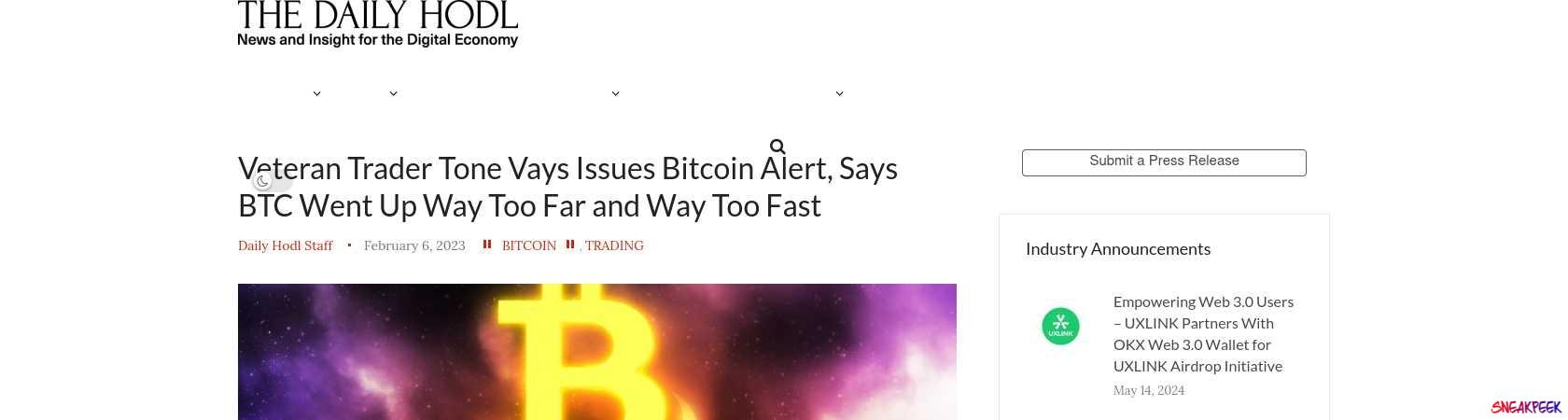 Read the full Article:  ⭲ Veteran Trader Tone Vays Issues Bitcoin Alert, Says BTC Went Up Way Too Far and Way Too Fast