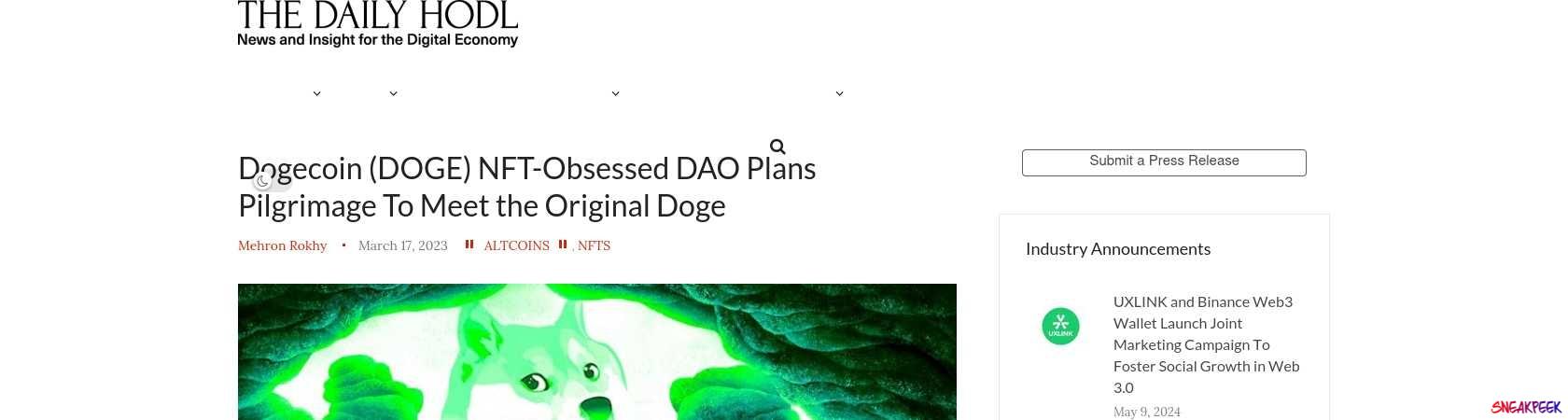 Read the full Article:  ⭲ Dogecoin (DOGE) NFT-Obsessed DAO Plans Pilgrimage To Meet the Original Doge