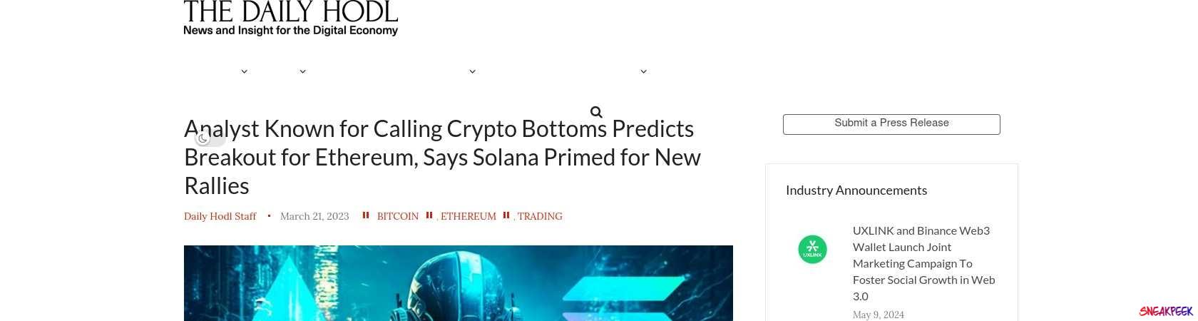Read the full Article:  ⭲ Analyst Known for Calling Crypto Bottoms Predicts Breakout for Ethereum, Says Solana Primed for New Rallies