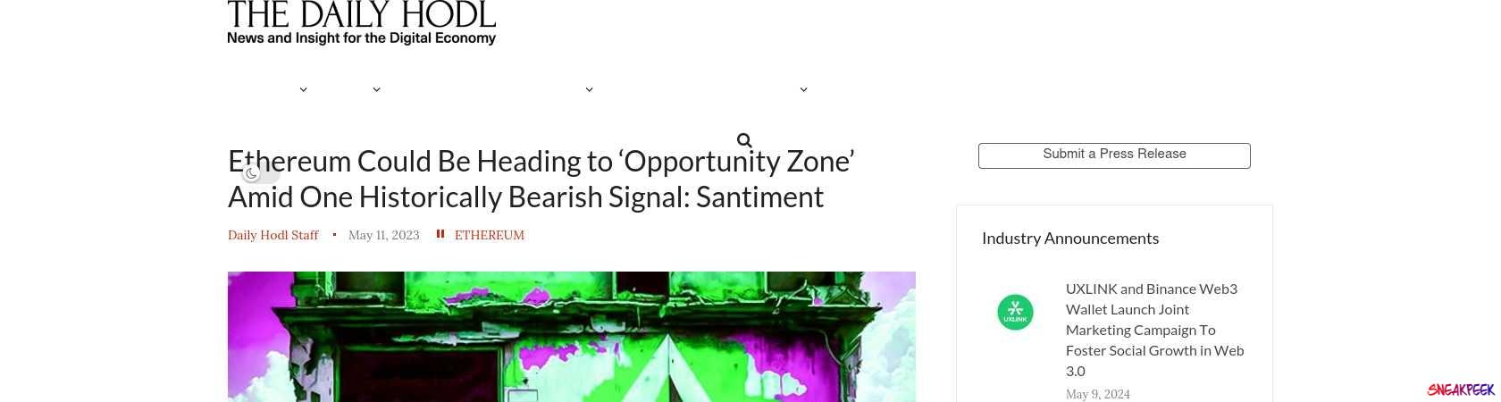 Read the full Article:  ⭲ Ethereum Could Be Heading to ‘Opportunity Zone’ Amid One Historically Bearish Signal: Santiment