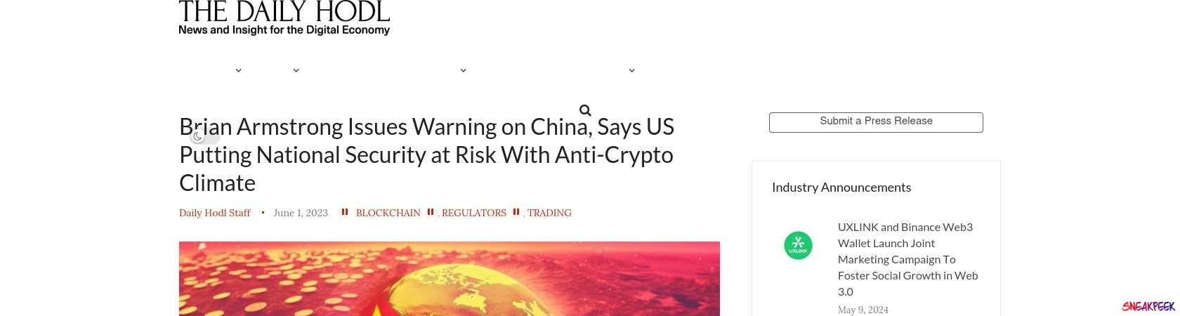 Read the full Article:  ⭲ Brian Armstrong Issues Warning on China, Says US Putting National Security at Risk With Anti-Crypto Climate