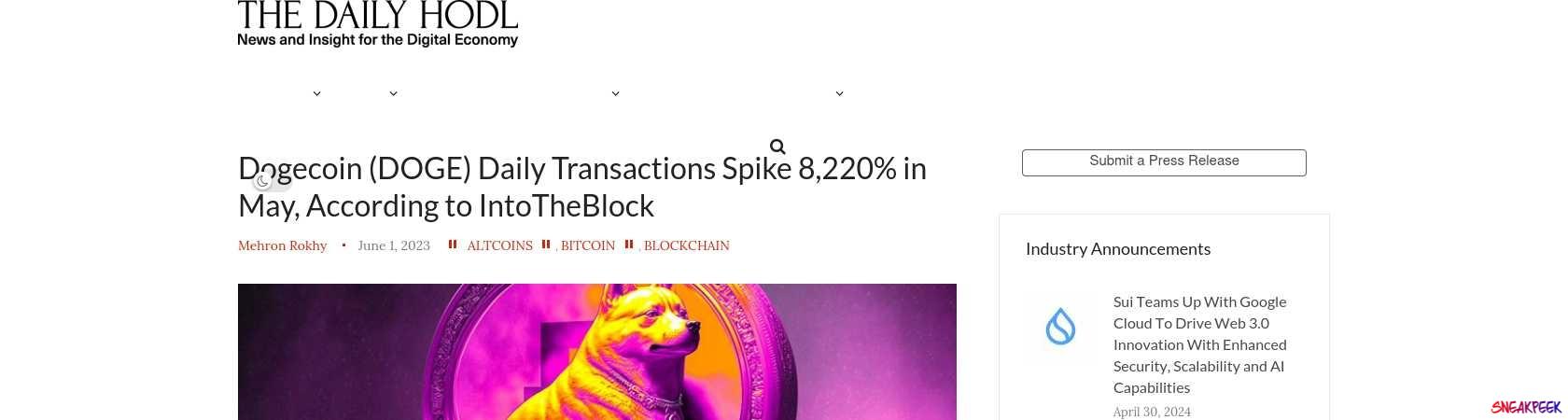 Read the full Article:  ⭲ Dogecoin (DOGE) Daily Transactions Spike 8,220% in May, According to IntoTheBlock