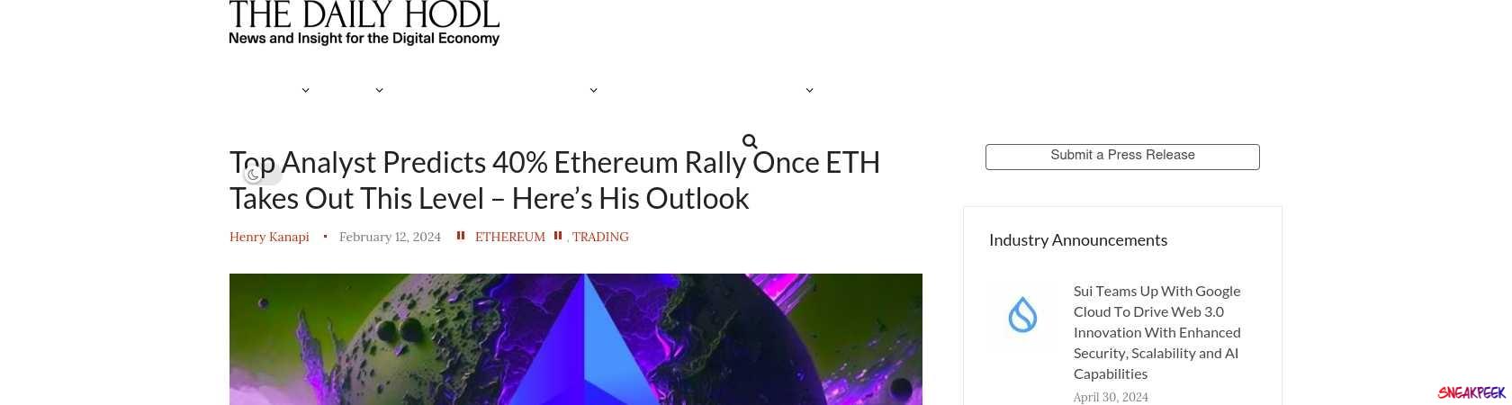 Read the full Article:  ⭲ Top Analyst Predicts 40% Ethereum Rally Once ETH Takes Out This Level – Here’s His Outlook