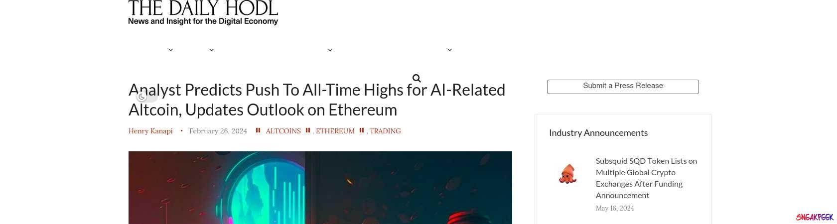 Read the full Article:  ⭲ Analyst Predicts Push To All-Time Highs for AI-Related Altcoin, Updates Outlook on Ethereum