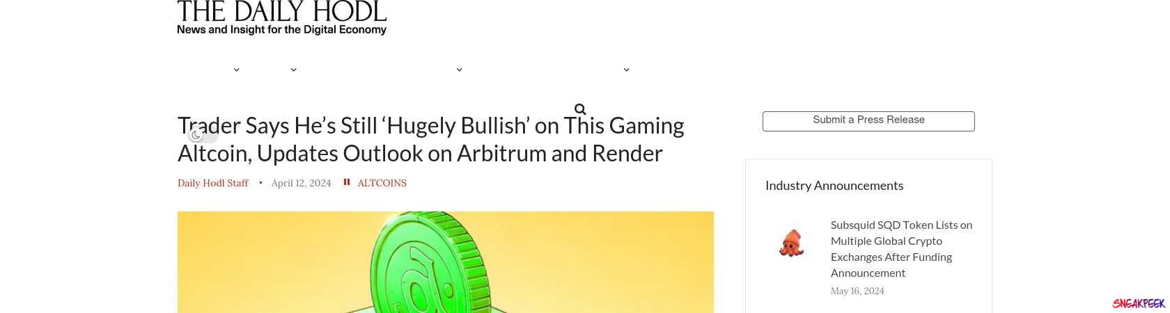 Read the full Article:  ⭲ Trader Says He’s Still ‘Hugely Bullish’ on This Gaming Altcoin, Updates Outlook on Arbitrum and Render