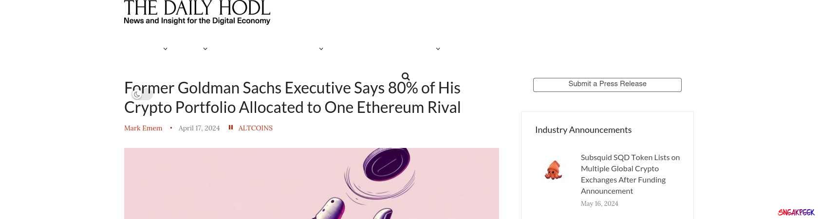 Read the full Article:  ⭲ Former Goldman Sachs Executive Says 80% of His Crypto Portfolio Allocated to One Ethereum Rival