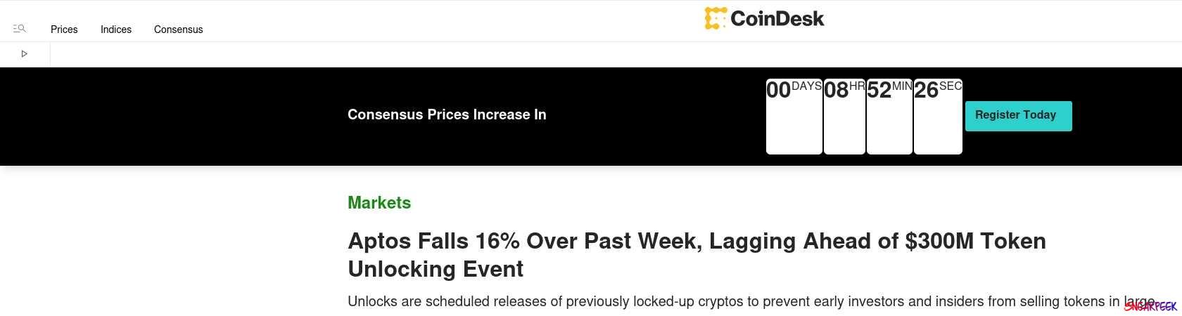Read the full Article:  ⭲ Aptos Falls 16% Over Past Week, Lagging Ahead of $300M Token Unlocking Event