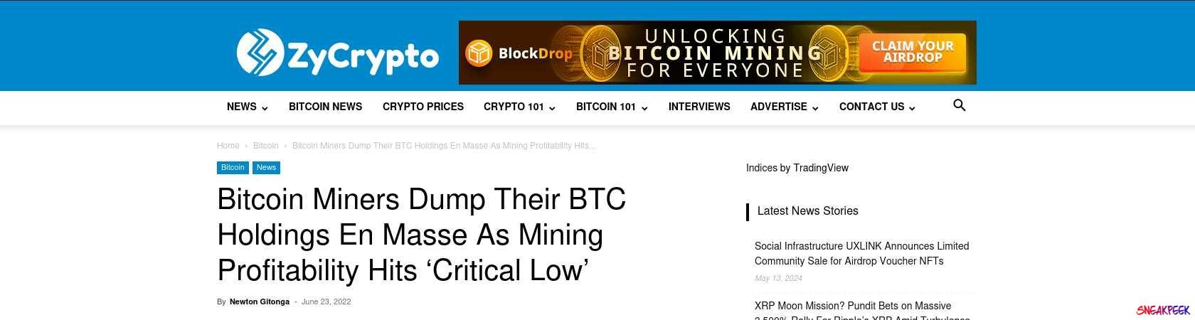 Read the full Article:  ⭲ Bitcoin Miners Dump Their BTC Holdings En Masse As Mining Profitability Hits ‘Critical Low’